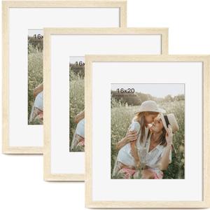 16x20 Picture Frame with Mat for 11x14 Set of 3, Natural Wood Grain 16x20 Frames for Wall Mounting (3 Pack, Natural)
