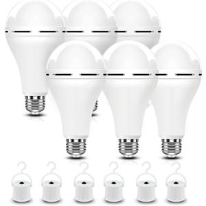 A21 6PK Emergency-Rechargeable-Light-Bulb, Keep Lighting During Power Outage, 12W 6500K LED 65W Equivalent Light Bulbs, 1200 mAh Battery Backup Light Bulbs for Home Power Failure (6500k Cool White)