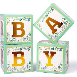 Voircoloria Sage Green Baby Boxes with Letters for Baby Shower, 4pcs Safari Baby Shower Decorations for Boys and Girl Balloon Boxes Gender Reveal Party Favors