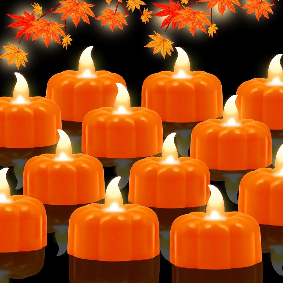 Thanksgiving Decorations Pumpkin Tea Lights,12 Pack LED Orange Pumpkin Lights FlameLess Candles Battery Operated Halloween Flickering Tealights Candles for Table Home Party Fall Decor