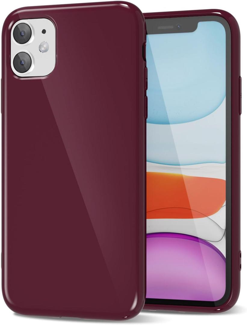 for iPhone 11 Phone Case Liquid Silicone, Cute Girly Thin Ultra Slim Jelly Soft Rubber Gel Protective Glossy Hard Plastic Case, Plain Solid Color Cover for Women Girl, Burgundy Maroon