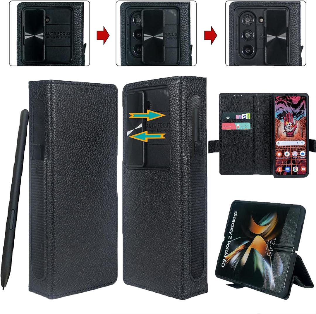 for Galaxy Z Fold 6 Case with S Pen Holder, Genuine Leather Wallet Case Built in Slide Camera Cover, Card Slot, Kickstand, Hinge Protection Phone Cover for Samsung Galaxy Z Fold6 (Black)