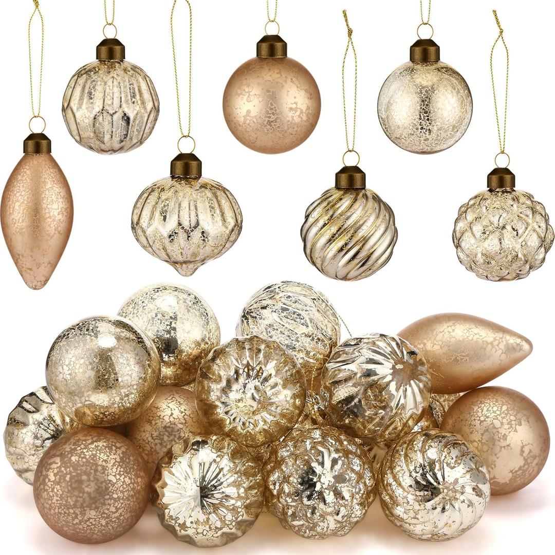 Syhood 24 Pcs Mercury Glass Christmas Ornaments 2.36 Inch Antique Vintage Glass Ornaments Rustic Xmas Balls for Christmas Tree Wreaths Garland Party Wedding Decoration(Gold,Circle)