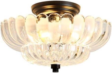 GloMuse Ceiling Lights Semi Flush Mount Ceiling Light White Glass Chandeliers Black Base Modern Lighting Light Fixture Suitable for Hallway Living Room Kitchen Bedroom (Bulb Not Included)