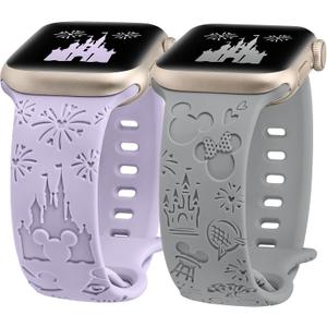 2 Packs Cartoon Engraved Band Compatible with Apple Watch Band 38/40/41/42/ 44/45/ 46/49mm Women, Cute Designer Soft Silicone Strap for iWatch Series 11 10 9 8 7 6 5 4 3 SE/Ultra 3 2 1 (Lavender & Grey)