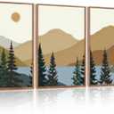 TOARTi Framed Canvas Mountain Lake Landscape Wall Art Set (16''x24''), Abstract Nature Scenery Painting Artwork Prints, Woodland Pine Tree Sunset Sunrise Cabin Wall Decor for Home Bedroom Living Room (Tan Beige)