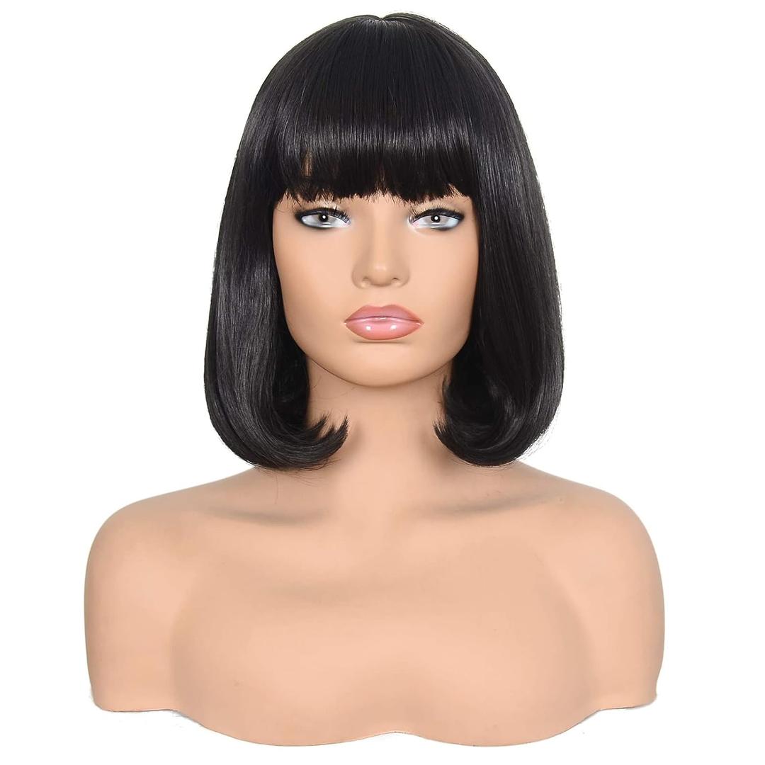morvally Short Black Bob Wig with Bangs for Women Heat Resistant Straight Bob Synthetic Hair Wigs for Cosplay Halloween Costume Party Daily Wear (14", 2# Black)