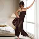 Women's Sexy Strapless Mesh Maxi Dress Tube Top Midi Dresses Wedding Guest Party Cocktail (Medium, Brown)