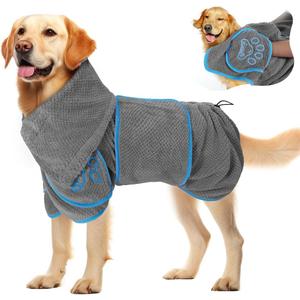 SlowTon Dog Bathrobe Drying Coat – Super Absorbent Microfiber Towel Wrap with Adjustable Collar & Belly Strap, Fast Drying Bath Robe for After Bath Swim, for Small Dogs (Grey XS)