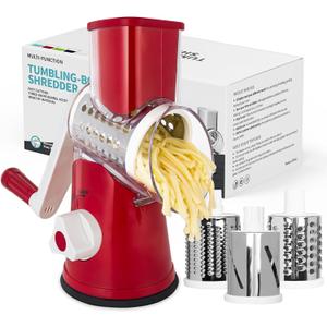 X Home Rotary Cheese Grater for Kitchen, Shredder with 3 Interchangeable Blades, Rotary Grater with Handle and Strong Suction Base, for Vegetables, Fruit, Nuts, Easy to Use and Clean, Red