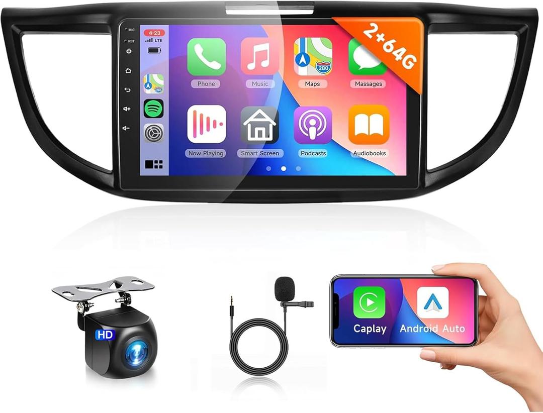 2G+64G Android Car Stereo for Honda CRV 2012 2013 2014 2015 2016 Radio with Wireless CarPlay Android Auto 9inch IPS Touch Screen with Bluetooth GPS WiFi HiFi 28UIs FM/RDS SWC + AHD Backup Camera