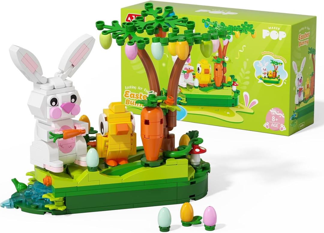 JAKI Easter Bunny & Chick Egg Hunt Building SetSpring Animal Model with Movable Ears & Rotating Tree, Festive Decor & Perfect for Kids & Families