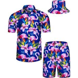 TUNEVUSE Mens Hawaiian Shirts and Shorts Set 2 Pieces Beach Outfits Flower Print Summer Tropical Suit with Bucket Hats (5X-Large)
