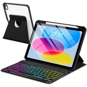 Case with Keyboard for iPad A16 11th 10th Generation 11/10.9 inch,Rainbow Backlit Detachable Keypad Rotatable Magnetic Cover with Pencil Holder for iPad 11 2025 10 Gen 2022 Black