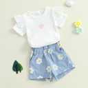 Toddler Baby Girl 2Pcs Knit Ribbed Ruffle Short Sleeve Floral Print Tops + Shorts Set Outfits (White)