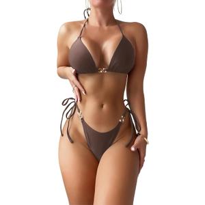 Cheeky Triangle Bikini Sets for Women Sexy String Bathing Suit 2 Piece (Brown, L)