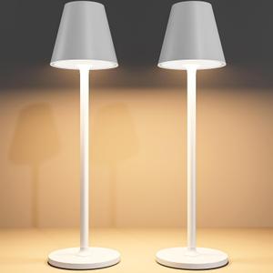 Timjorman 2-Pack Cordless Table Lamps - 5000mAh Rechargeable Battery Operated Desk Lamp, 3-Level Dimmable LED Night Light for Bedroom, Dining, Restaurant - Metal Design (White 2-Pack)