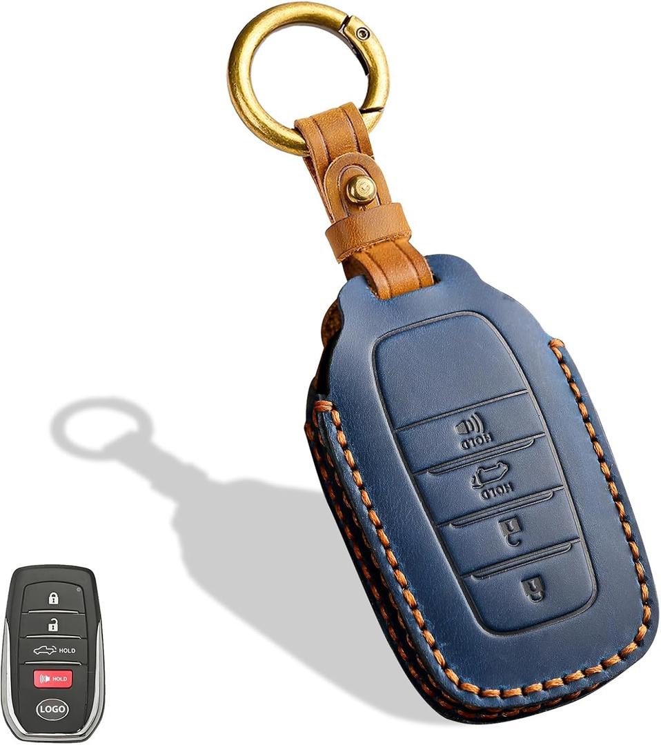 Leather Key Fob Cover, Compatible with Toyota Tundra Corolla Cross Venza Sequoia Highlander Avalon RAV4 Camry C-HR Prius, No Screw Design Key Holder Protector(4 Button, Blue)
