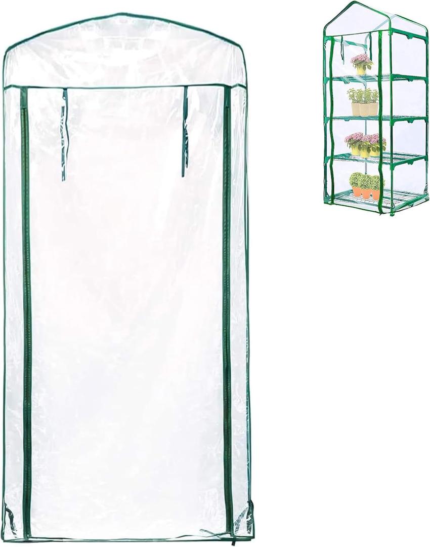 4 Tier Roll-Up Zipper Door Greenhouse Replacement Cover- 63 x 27 x 19 Inch Clear PVC Plant Greenhouse Cover for Gardening Plants Cold Frost Protection Wind Rain Proof (Frame NOT Include)