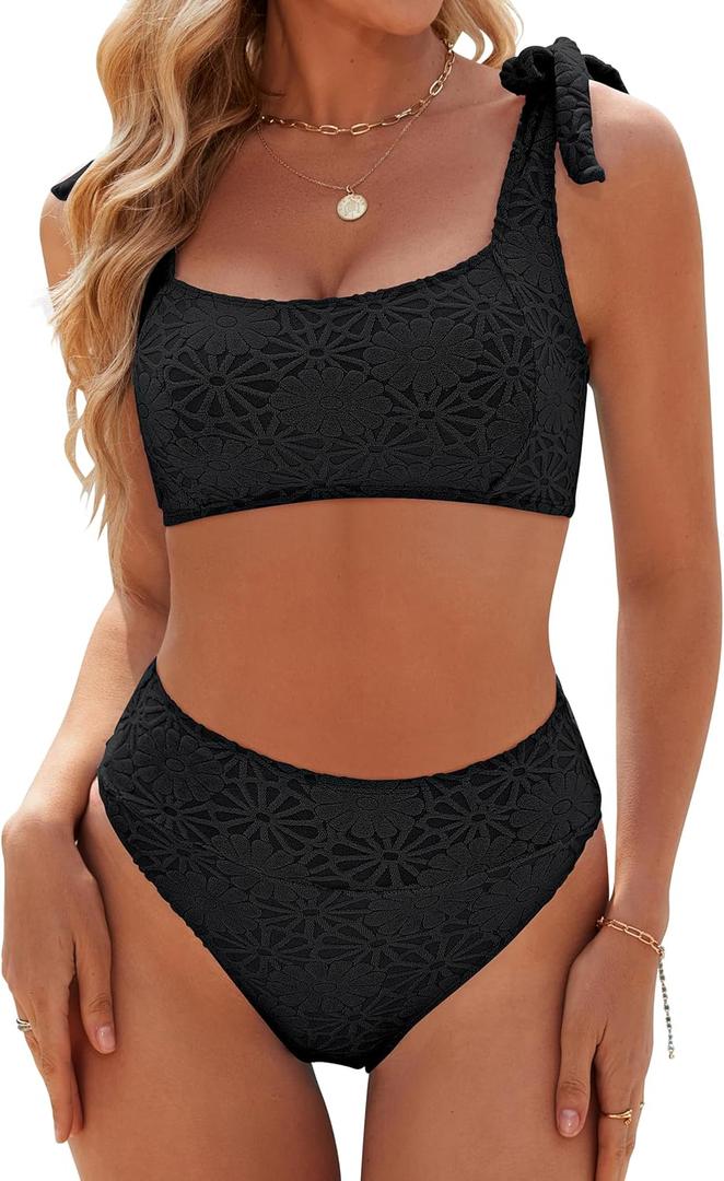 Blooming Jelly Womens High Waisted Bikini Set Tie Strap Jacquard Terry Cloth 2 Piece Swimsuit Modest Cute Retro Bathing Suit (Large, Black)