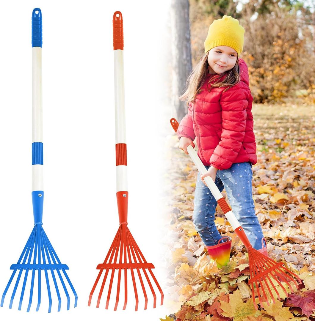 2PCS Kids Rakes for Leaves, 28" Child Size Garden Yard Rake Childrens Lawn Rake Toddler Leaf Rakes Blue Red Metal Head with Detachable Hardwood Handle Great Gardening Tools for Boy Girl