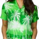 Women's Blouse-Shirt Short-Sleeve Casual-Button-Down Short-Sleeve Hawaii-Shirt Sunset Ocean-Time (XX-Large, Blouse-jk-beach-design-negative-green)