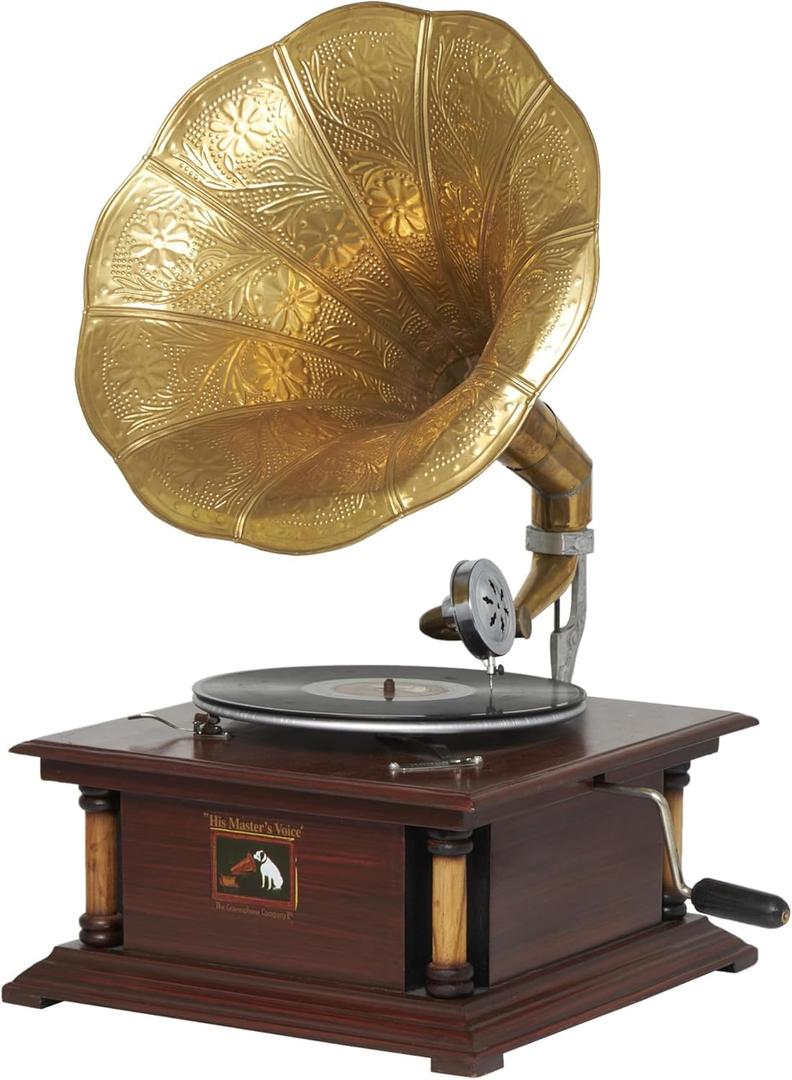 Deco 79 Wood Functional Gramophone with Record, 18" x 16" x 28", Brown
