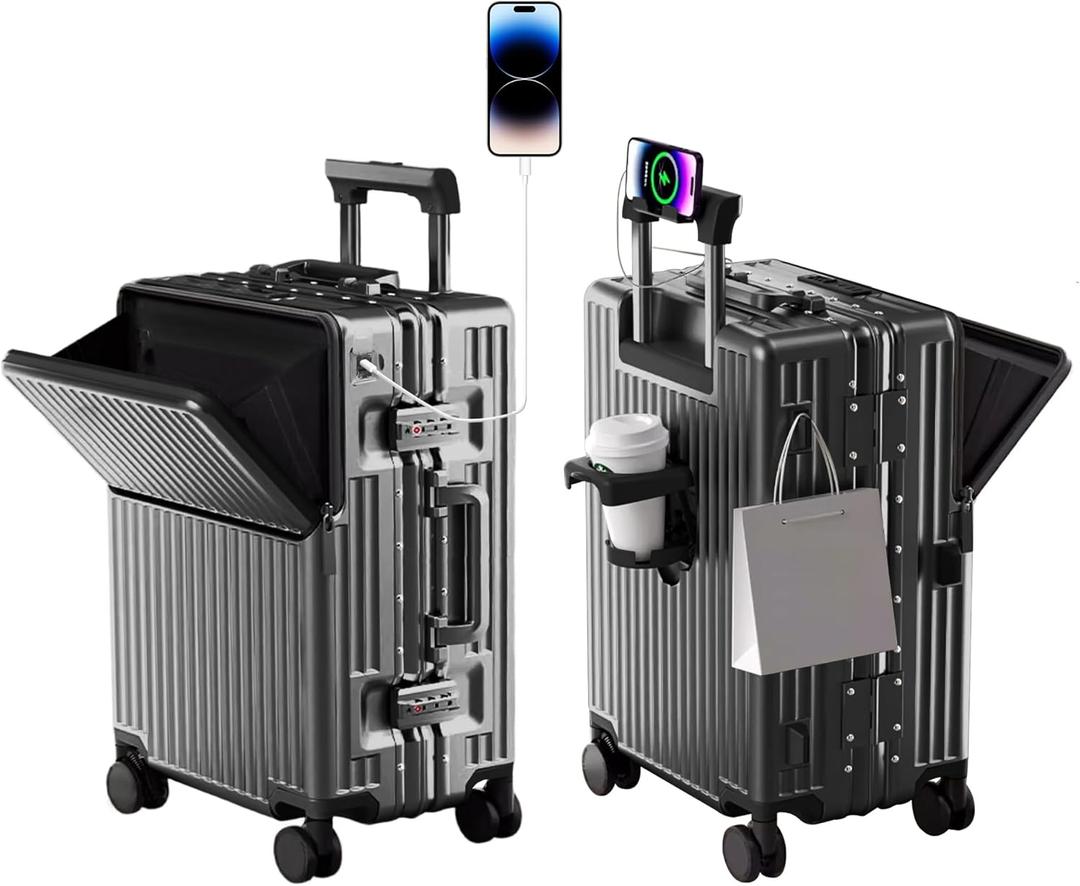 Zipperless Luggage, Polycarbonate Aluminum Hard Shell, Expandable Carry-On Suitcase with Spinner Wheels, Hard Shell Suitcase, 24 Inch Cabin (Dark Gray)