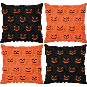 Tudomro 4pcs 18x18 Inch Halloween Pumpkin Pillow Covers Pumpkin Throw Pillow Case Soft Plush Faux Fur Sofa Cushion Case for Chair Sofa Bedroom Living Room Home Decor