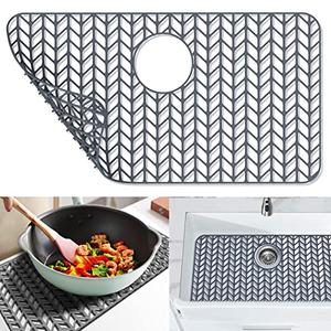 JOOKKI Sink Protectors for Kitchen Sink 12"13"16"18"19"24"26"28"29"30",Silicone kitchen sink mats protector for bottom of farmhouse sink(26"x14"Rear Drain Gray)