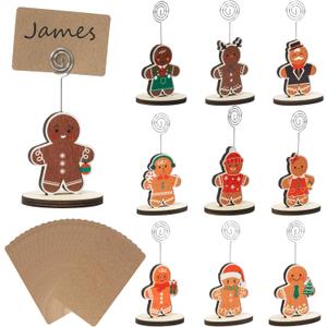 R HORSE 20Pcs Christmas Wood Place Card Holders with Kraft Cards, Cute Table Number Name Holder Photo Picture Memo Clip Stand Gingerbread Man Ornament for Christmas Party Table Decoration Supplies