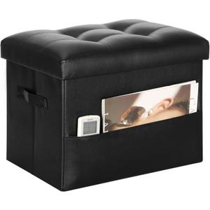 Storage Ottoman Foot Rest Stool with Thicker Foam Padded Seat. Foldable Leather Footstool Bench. Small Ottoman with Storage for Living Room Bedroom Coffee Table 350 lbs, 17x13x13in, Black.