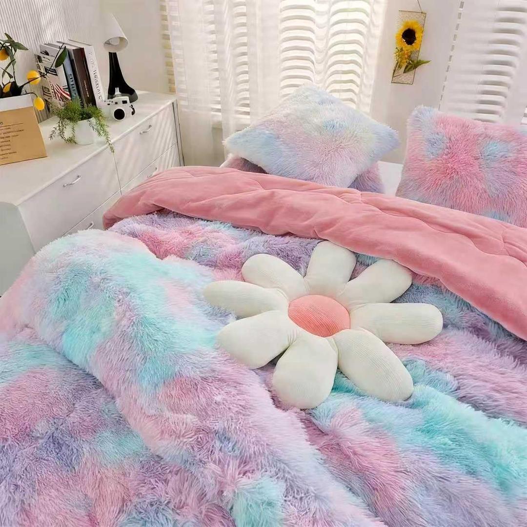 Faux Fur Kids Girls Purple Rainbow Comforter Sets Twin/Full - 3PC Bed Set Warm Comfortable Soft Plush Flannel Velvet Fluffy Fuzzy BeddingComforter x 1 Pillowcases x 2