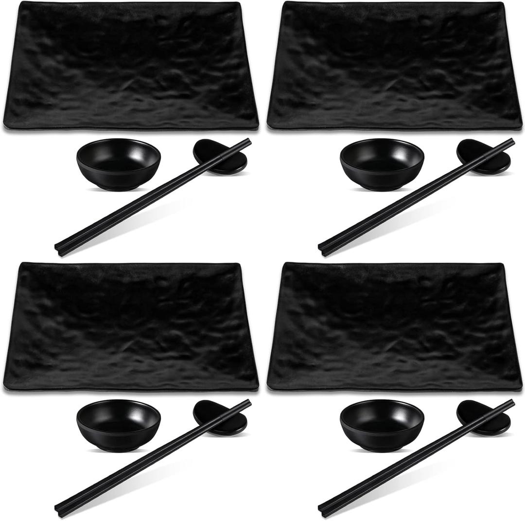 16 Pcs Sushi Plate Set for Four, 4 Japanese Style Sushi Plates 4 Soy Sauce Bowls 4 Pair Chopsticks and 4 Chopstick Holders Sushi Dinner Dinnerware Set