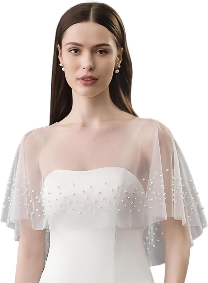 Pearl Shawl Wrap Shrug Bridal Cape Sheer Tulle White Black Elegant Wedding Cape Dress Cover Up for Women Girls (White)