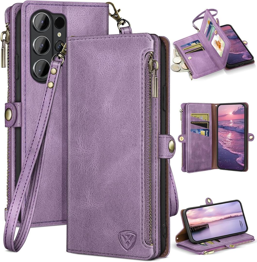 XcaseBar compatible with Samsung Galaxy S26 Ultra Wallet case with Zipper Credit Card HolderRFID Blocking,Flip Folio Book PU Phone case Shockproof Cover Women Men for S26 Ultra case Lilac Purple