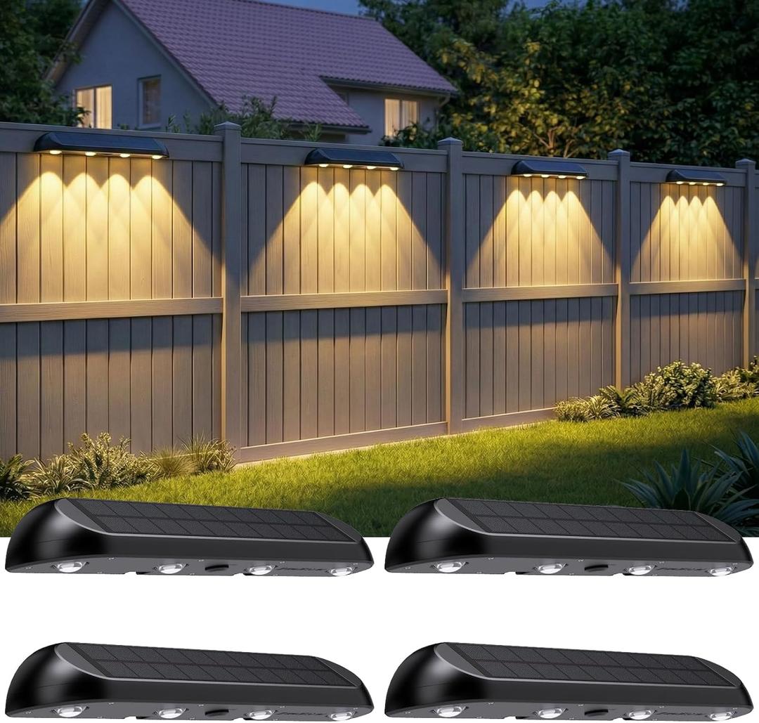 11.81inch Solar Fence Lights Outdoor Waterproof, 3-Mode (3000K/4000K/6000K),4 LED with Upgraded High-Efficiency Solar Panel & Wide Beam for Backyard/Patio/Deck/Step/Home Improvement(4 Pack)