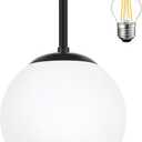 Mid Century Modern Globe Semi Flush Mount Ceiling Light Fixture, Frosted Glass with Black Finish, 1-Light Sphere Glass Pendant Lights for Aisle Porch Stairway Closet Kitchen Laundry Room(Bulb Incl.)
