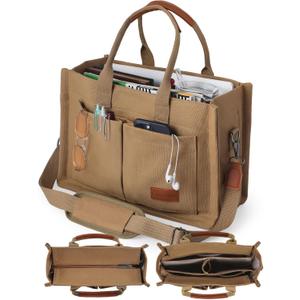 FIORETTO Canvas Tote Bag for Women with Zipper Closure & Individual Compartments for Work College for Teacher & Nurse (Medium, Brown)