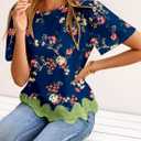 LOLONG Womens Short Sleeve Printed Tops Summer 2026 Crew Neck Color Block Casual Blouses (S)