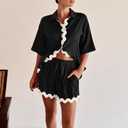 Shy Velvet Lounge Sets for Women Two Piece Sets Summer Pajama Sets Linen Cotton Vacation Outfits With Stylish Ric Rac Trim
, 3Piece, Black, Large