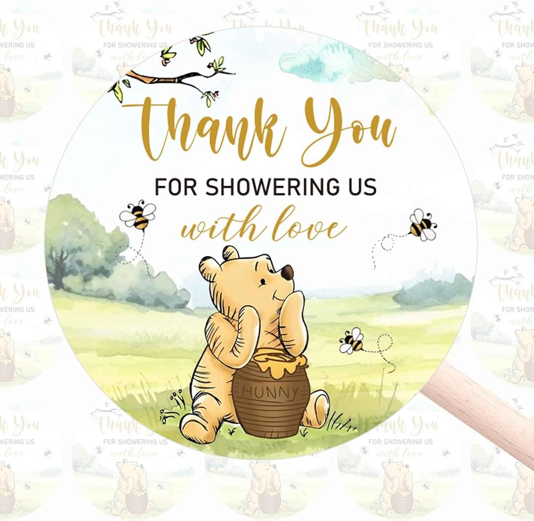80pcs Thank You for Showering Us with Love Baby Shower Stickers, Winnie Bear Thank You Stickers, Classic Pooh Label Honey Jar Party Goods