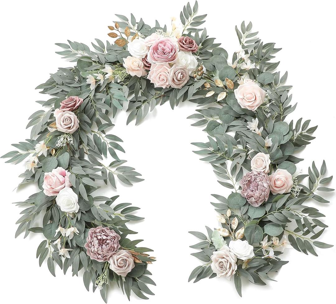 Floroom 6ft Artificial Eucalyptus Garland with Flowers Fake Greenery Faux Floral Vine Garland for Table Decor Wedding Centerpieces Bridal Shower Party Decorations, Garden Dusty Rose