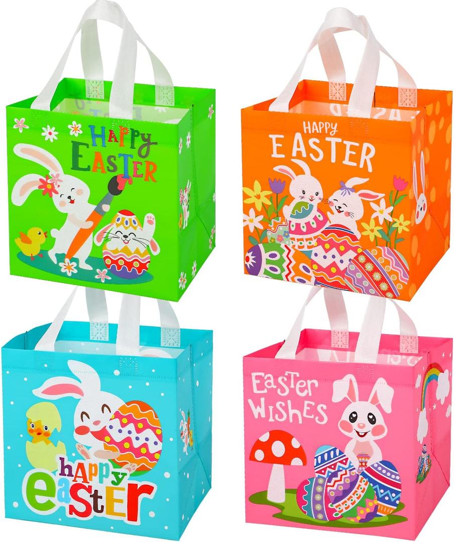 FINGOOO Easter Egg Hunt Bags for Kids, 12 Pack Reusable Non-Woven Gift Tote Bags with Handles Party Treat Bag