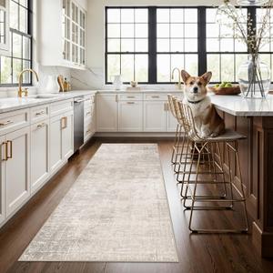 3x7 Washable Hallway Runner Rug: Abstract Stain Resistant Kitchen Rug Farmhouse Ultra Soft Bathroom Bedroom Entryway Printed Floor Mat Thin Non-Slip Carpet for Living Room Laudry(3x7,Beige/Cream)