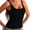 Danysu Women's Tank Tops with Bulit in Bras Scoop Neck Ribbed Fitted Knit Crop Halter Tops Spaghetti Strap Camisole (Black, M)