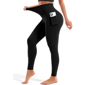 Blue Breath Leggings with Pockets for Women-High Waisted Full Length Yoga Pants Tummy Control Workout Athletic Daily (Black, L)