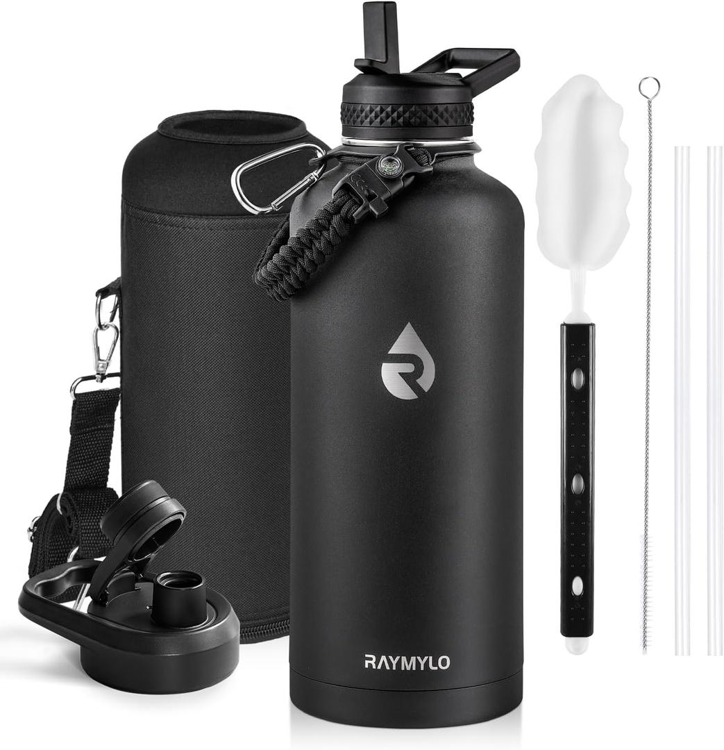 RAYMYLO Insulated Water Bottle 87 oz, Triple Wall Vacuum Stainless Steel (Cold for 48 Hrs), Leak Proof & Non-BPA, Modern Water Flask Jug with Paracord Handle & Straw Spout Lids, Magic Black