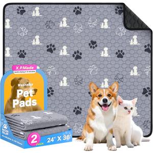 Washable Pee Pads for Dogs, 2 Pack Reusable Puppy Pads, Waterproof Pet Pee Pads for Dog Potty Training, Extra Large Dog Pee Pads for Crate, Playpen, and Whelping, Durable and Absorbent, Grey 24"x36" (Gray)