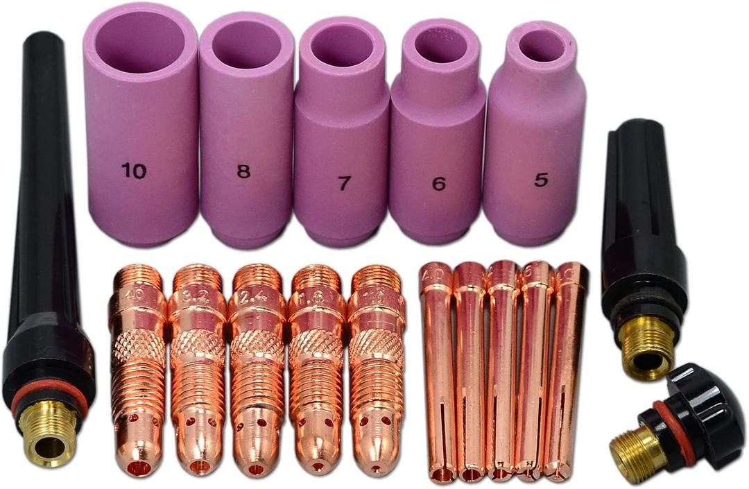 RIVERWELD TIG Collet Bodies and Alumina Nozzle Ceramic Cups 10N Series TIG Back Caps 57Y02 57Y03 57Y04 Assorted Size for QQ300 PTA DB SR WP 17 18 26 TIG Welding Torch 18pcs